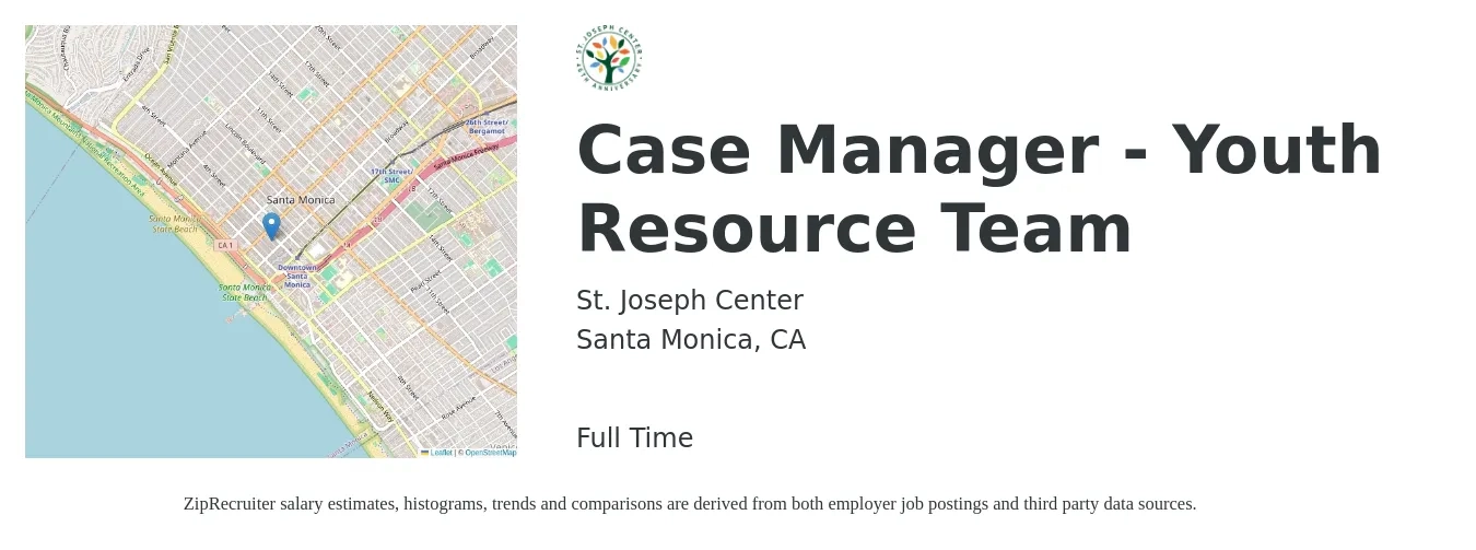St. Joseph Center job posting for a Case Manager - Youth Resource Team in Santa Monica, CA with a salary of $22 to $29 Hourly with a map of Santa Monica location.