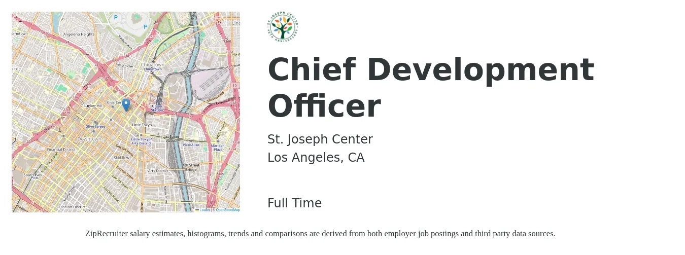 St. Joseph Center job posting for a Chief Development Officer in Los Angeles, CA with a salary of $111,500 to $179,300 Yearly with a map of Los Angeles location.
