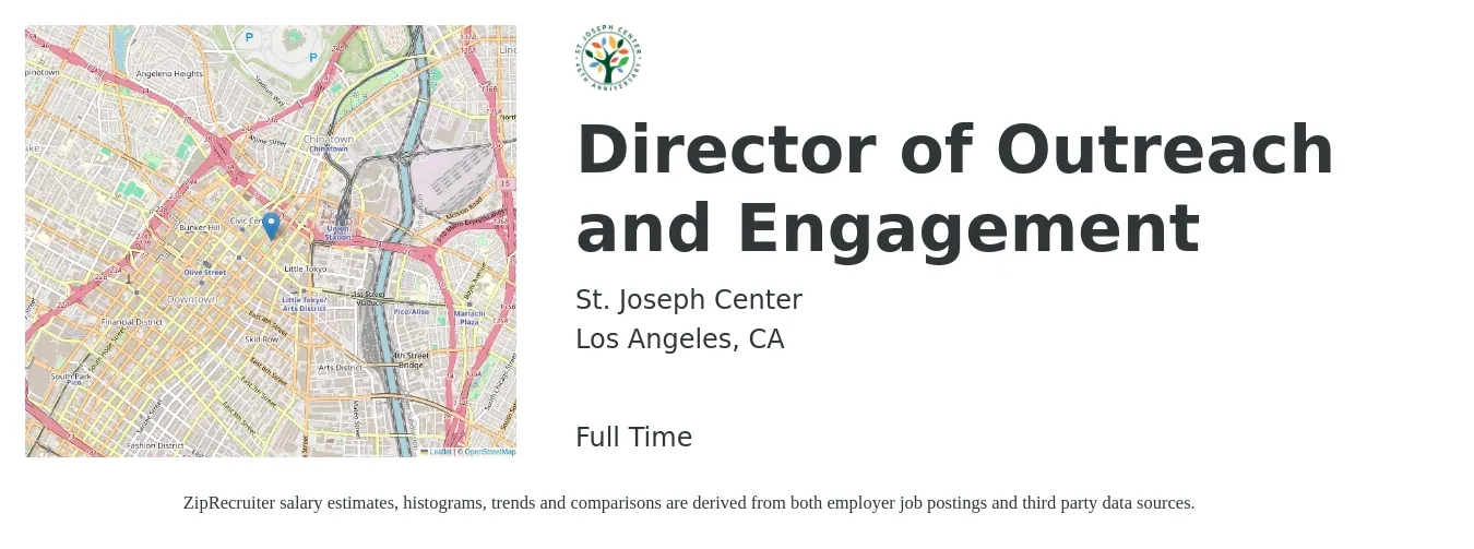 St. Joseph Center job posting for a Director of Outreach and Engagement in Los Angeles, CA with a salary of $71,700 to $106,700 Yearly with a map of Los Angeles location.