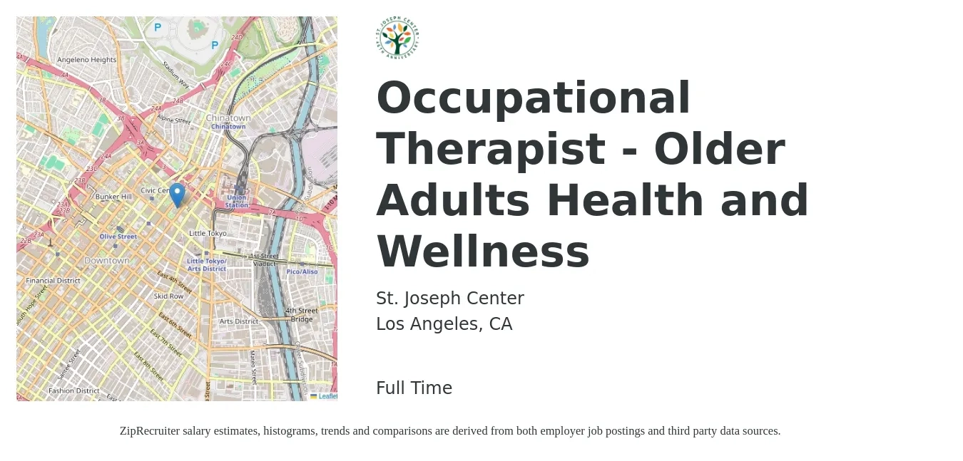 St. Joseph Center job posting for a Occupational Therapist - Older Adults Health and Wellness in Los Angeles, CA with a salary of $43 to $57 Hourly with a map of Los Angeles location.
