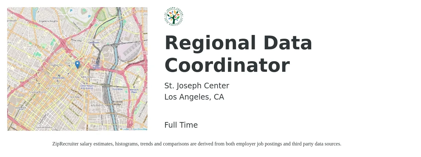 St. Joseph Center job posting for a Regional Data Coordinator in Los Angeles, CA with a salary of $53,900 to $85,700 Yearly with a map of Los Angeles location.