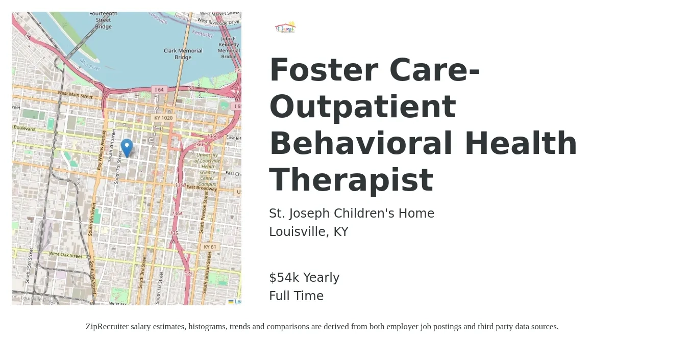 St. Joseph Children's Home job posting for a Foster Care-Outpatient Behavioral Health Therapist in Louisville, KY with a salary of $49,000 to $56,000 Yearly with a map of Louisville location.