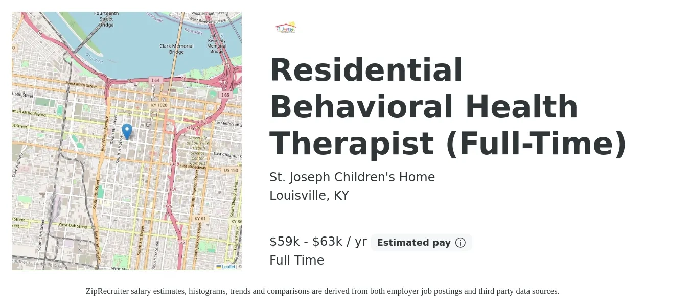 St. Joseph Children's Home job posting for a Residential Behavioral Health Therapist (Full-Time) in Louisville, KY with a salary of $59,500 to $63,500 Yearly with a map of Louisville location.