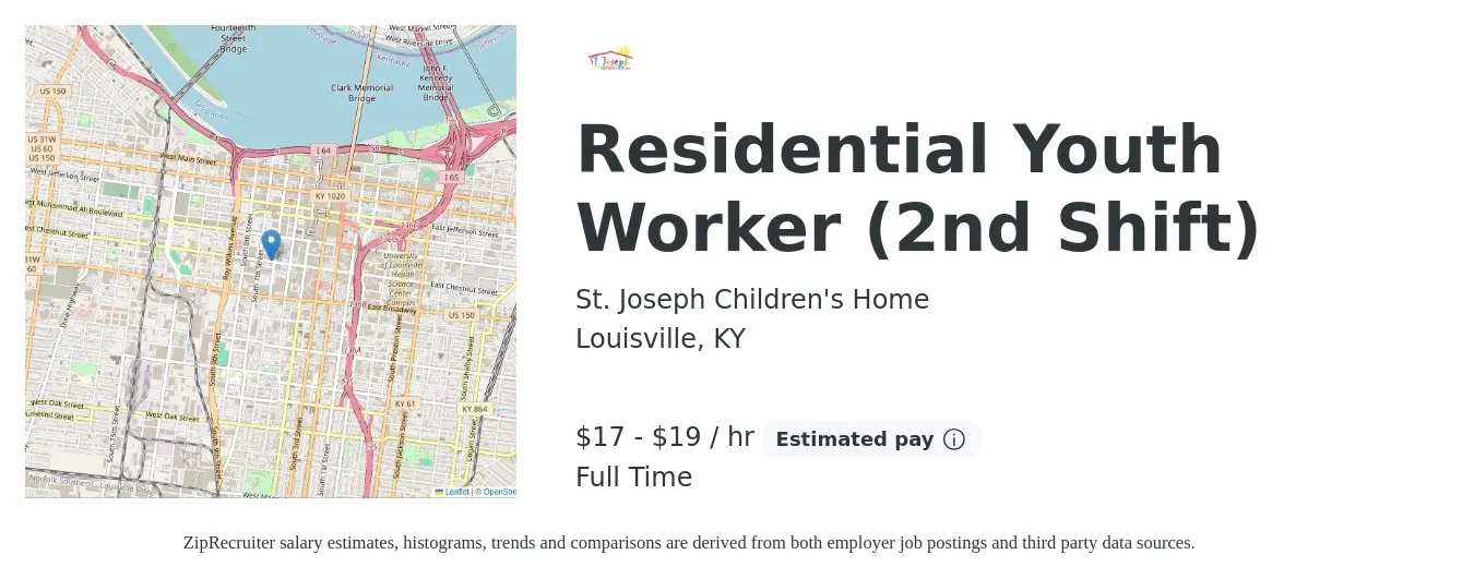 St. Joseph Children's Home job posting for a Residential Youth Worker (2nd Shift) in Louisville, KY with a salary of $18 to $20 Hourly with a map of Louisville location.