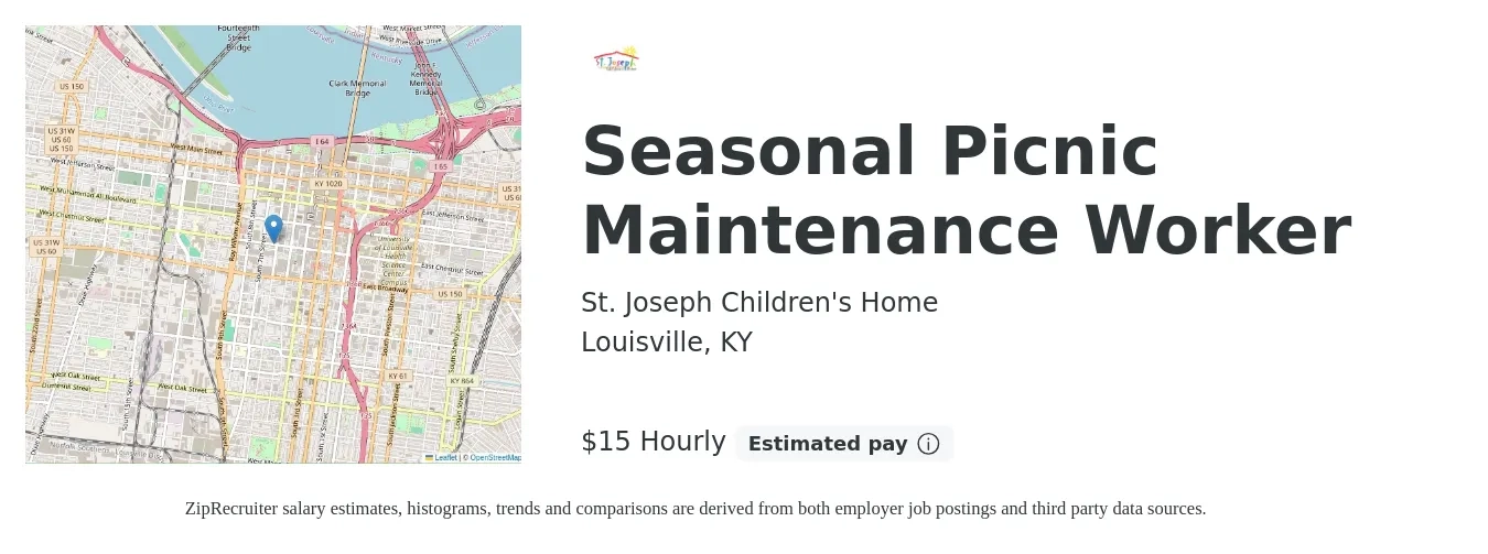 St. Joseph Children's Home job posting for a Seasonal Picnic Maintenance Worker in Louisville, KY with a salary of $16 Hourly with a map of Louisville location.