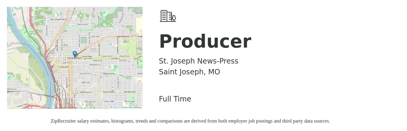 St. Joseph News-Press job posting for a Producer in Saint Joseph, MO with a salary of $16 to $28 Hourly with a map of Saint Joseph location.