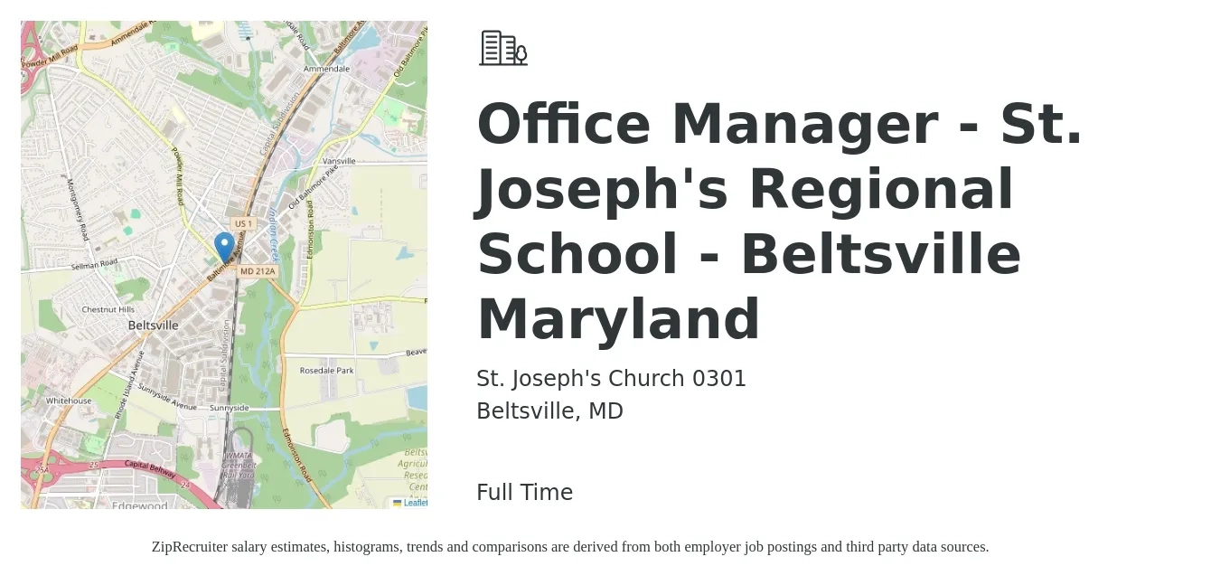 St. Joseph's Church 0301 job posting for a Office Manager - St. Joseph's Regional School - Beltsville Maryland in Beltsville, MD with a salary of $40,500 to $59,800 Yearly with a map of Beltsville location.