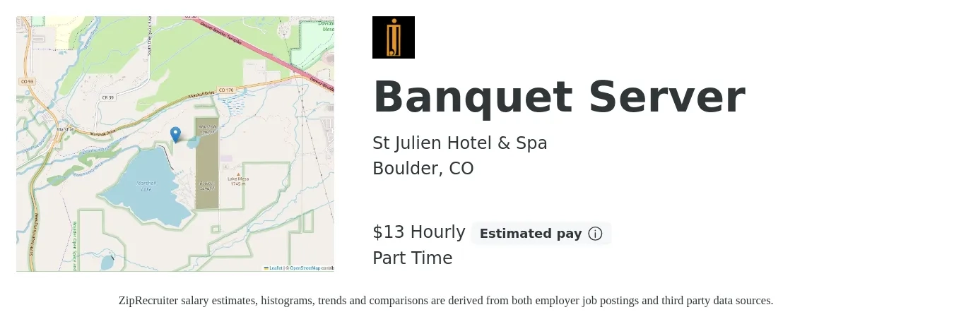St Julien Hotel & Spa job posting for a Banquet Server in Boulder, CO with a salary of $14 Hourly with a map of Boulder location.