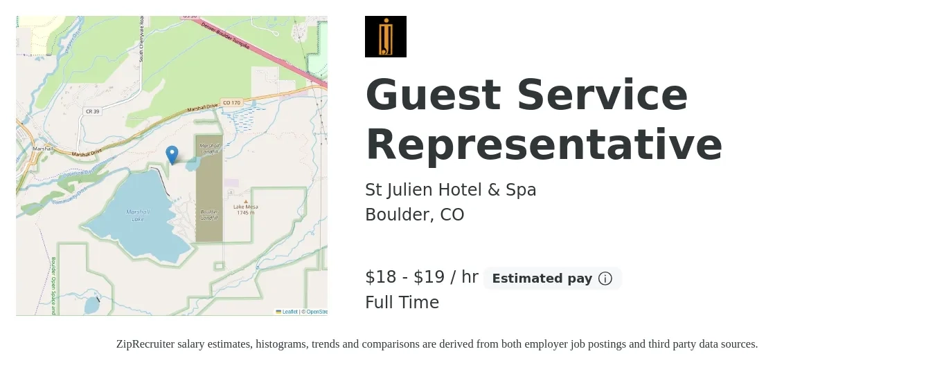 St Julien Hotel & Spa job posting for a Guest Service Representative in Boulder, CO with a salary of $19 to $20 Hourly with a map of Boulder location.