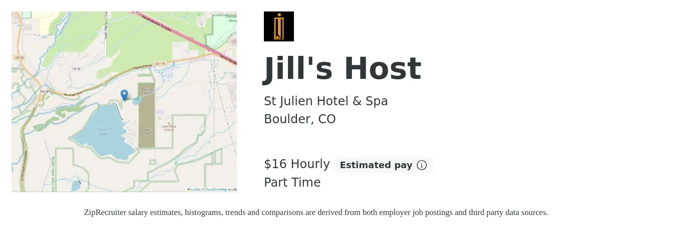 St Julien Hotel & Spa job posting for a Jill's Host in Boulder, CO with a salary of $17 Hourly with a map of Boulder location.