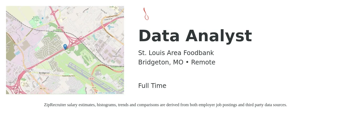 St. Louis Area Foodbank job posting for a Data Analyst in Bridgeton, MO with a salary of $59,400 to $92,200 Yearly with a map of Bridgeton location.