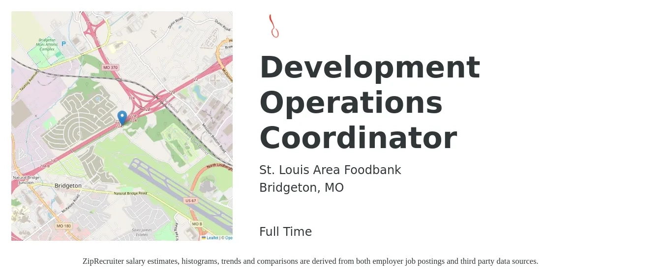 St. Louis Area Foodbank job posting for a Development Operations Coordinator in Bridgeton, MO with a salary of $41,300 to $55,600 Yearly with a map of Bridgeton location.