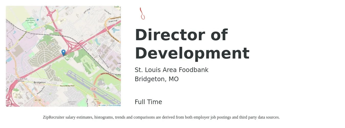 St. Louis Area Foodbank job posting for a Director of Development in Bridgeton, MO with a salary of $66,500 to $103,100 Yearly with a map of Bridgeton location.