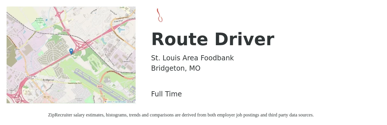 St. Louis Area Foodbank job posting for a Route Driver in Bridgeton, MO with a salary of $18 to $23 Hourly with a map of Bridgeton location.