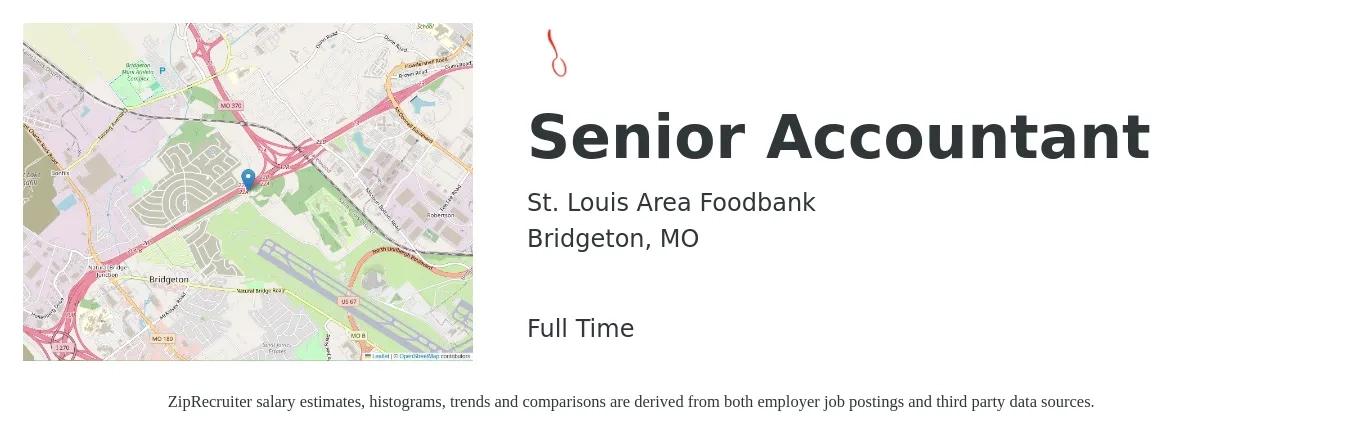 St. Louis Area Foodbank job posting for a Senior Accountant in Bridgeton, MO with a salary of $70,300 to $88,400 Yearly with a map of Bridgeton location.