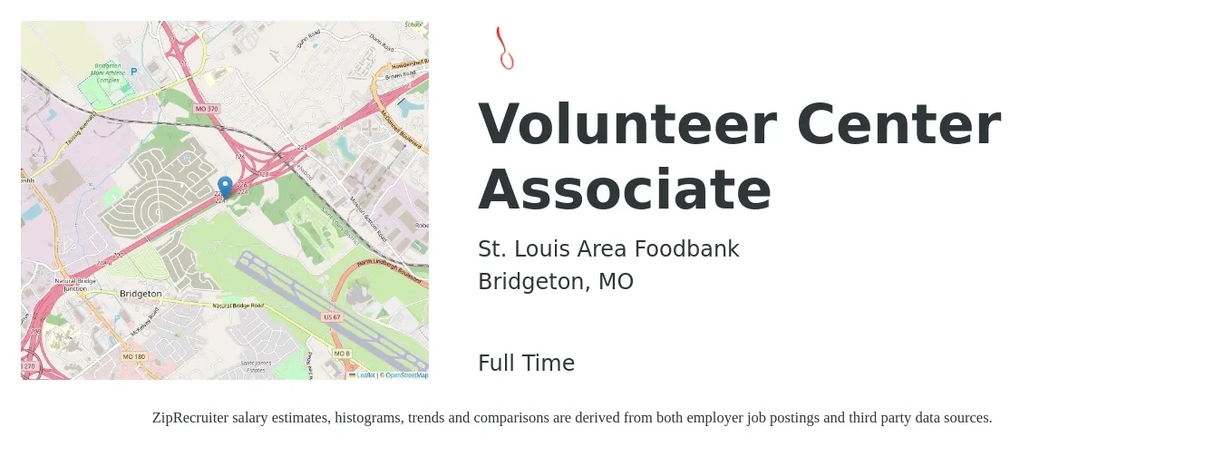 St. Louis Area Foodbank job posting for a Volunteer Center Associate in Bridgeton, MO with a salary of $16 to $18 Hourly with a map of Bridgeton location.