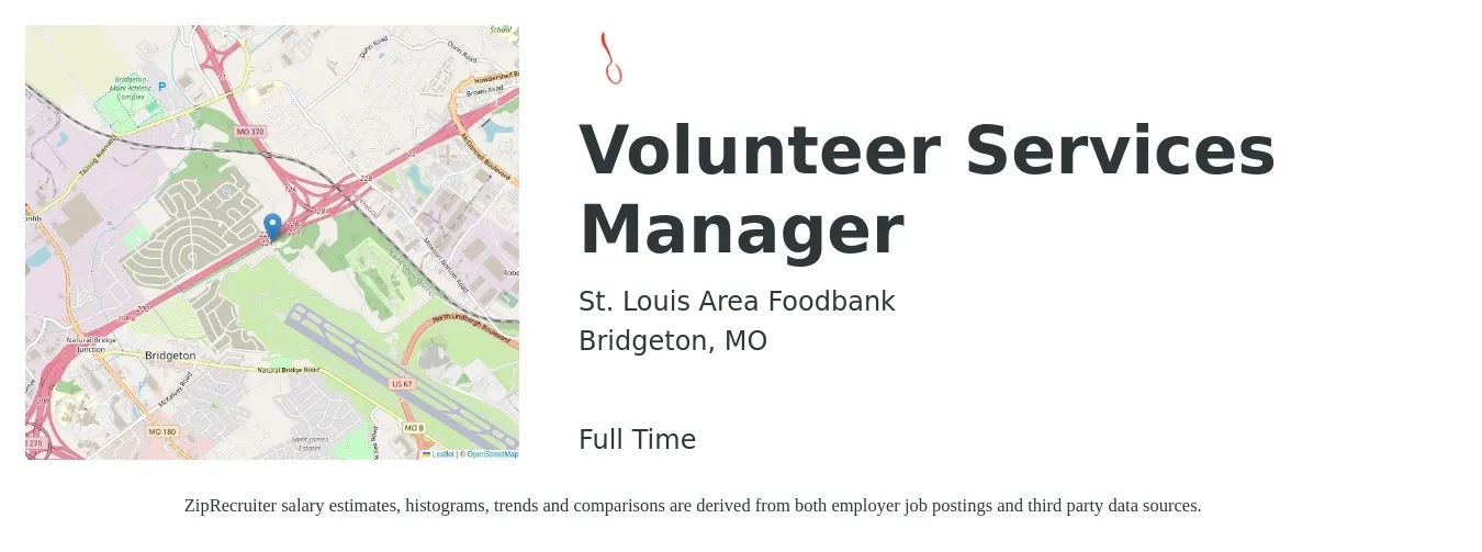 St. Louis Area Foodbank job posting for a Volunteer Services Manager in Bridgeton, MO with a salary of $42,800 to $64,600 Yearly with a map of Bridgeton location.