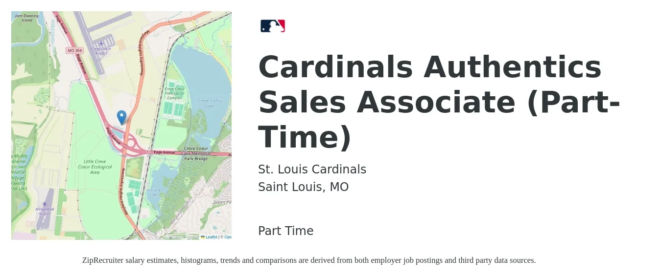 St. Louis Cardinals job posting for a Cardinals Authentics Sales Associate (Part-Time) in Saint Louis, MO with a salary of $14 to $17 Hourly with a map of Saint Louis location.