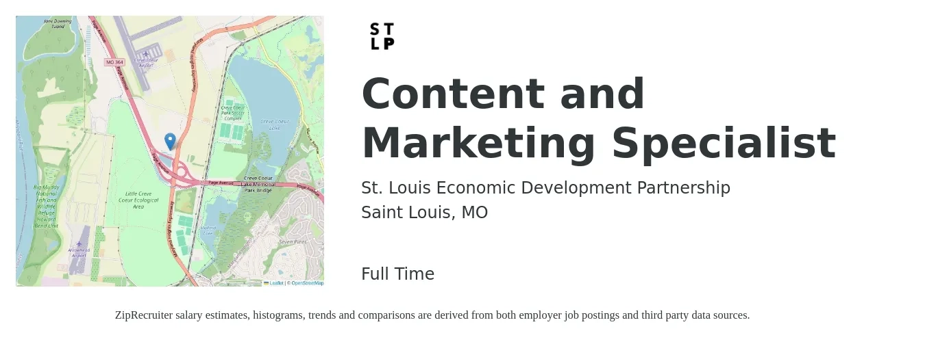 St. Louis Economic Development Partnership job posting for a Content and Marketing Specialist in Saint Louis, MO with a salary of $42,100 to $64,600 Yearly with a map of Saint Louis location.