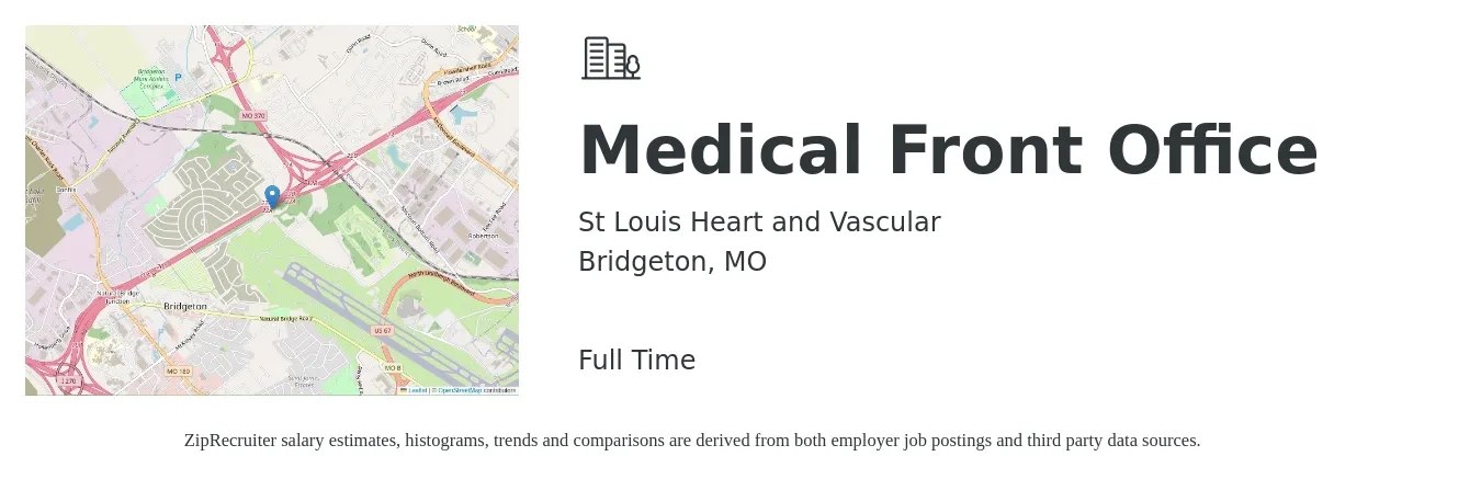 St Louis Heart and Vascular job posting for a Medical Front Office in Bridgeton, MO with a salary of $16 to $20 Hourly with a map of Bridgeton location.