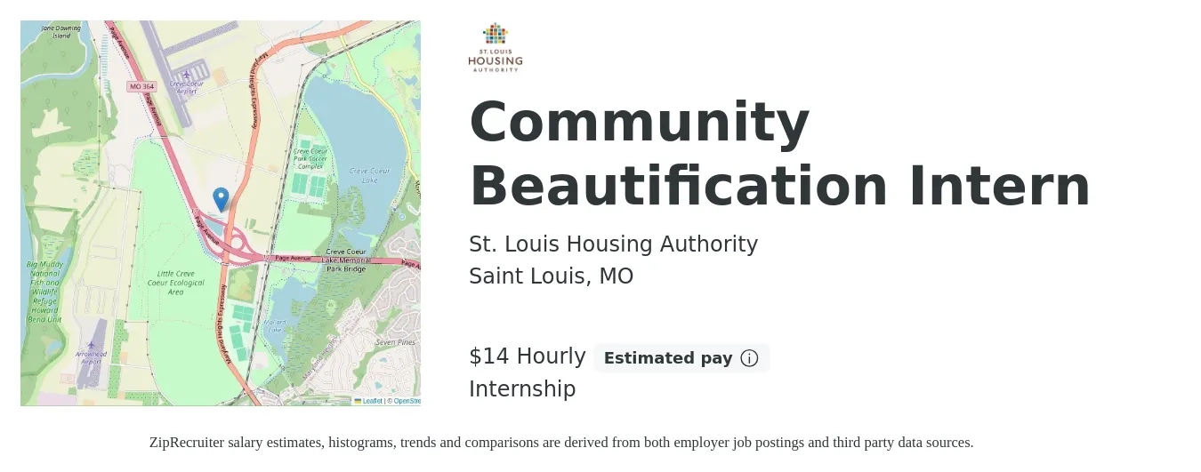 St. Louis Housing Authority job posting for a Community Beautification Intern in Saint Louis, MO with a salary of $15 Hourly with a map of Saint Louis location.