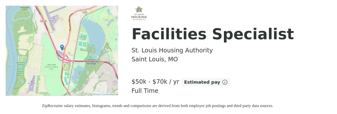 St. Louis Housing Authority job posting for a Facilities Specialist in Saint Louis, MO with a salary of $50,000 to $70,000 Yearly with a map of Saint Louis location.
