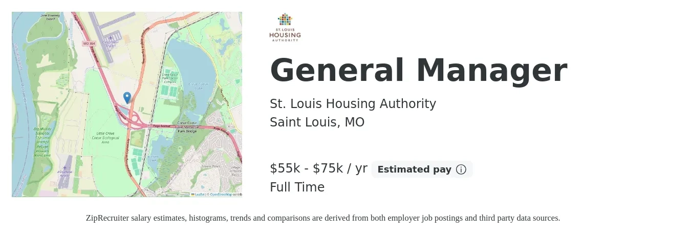 St. Louis Housing Authority job posting for a General Manager in Saint Louis, MO with a salary of $55,000 to $75,000 Yearly with a map of Saint Louis location.