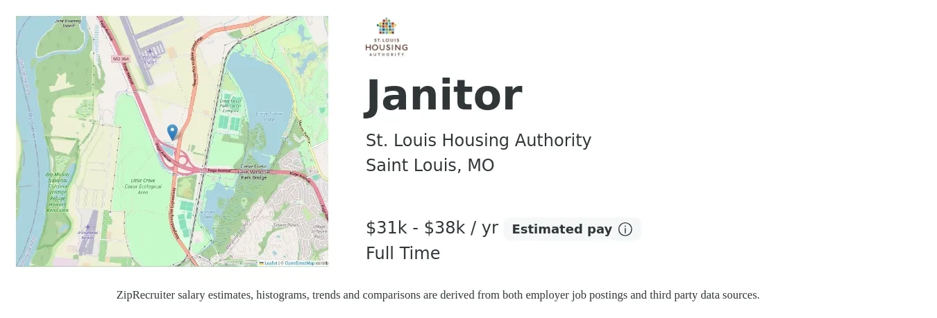 St. Louis Housing Authority job posting for a Janitor in Saint Louis, MO with a salary of $31,200 to $38,891 Yearly with a map of Saint Louis location.