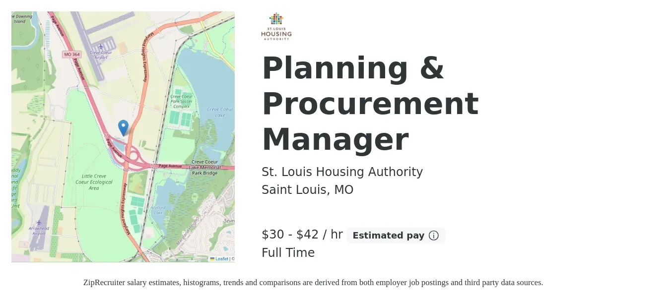 St. Louis Housing Authority job posting for a Planning & Procurement Manager in Saint Louis, MO with a salary of $31 to $44 Hourly with a map of Saint Louis location.