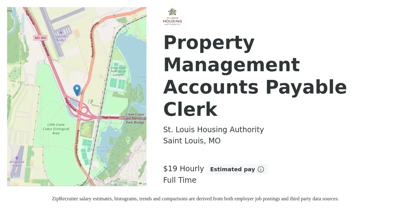St. Louis Housing Authority job posting for a Property Management Accounts Payable Clerk in Saint Louis, MO with a salary of $41,819 Yearly with a map of Saint Louis location.