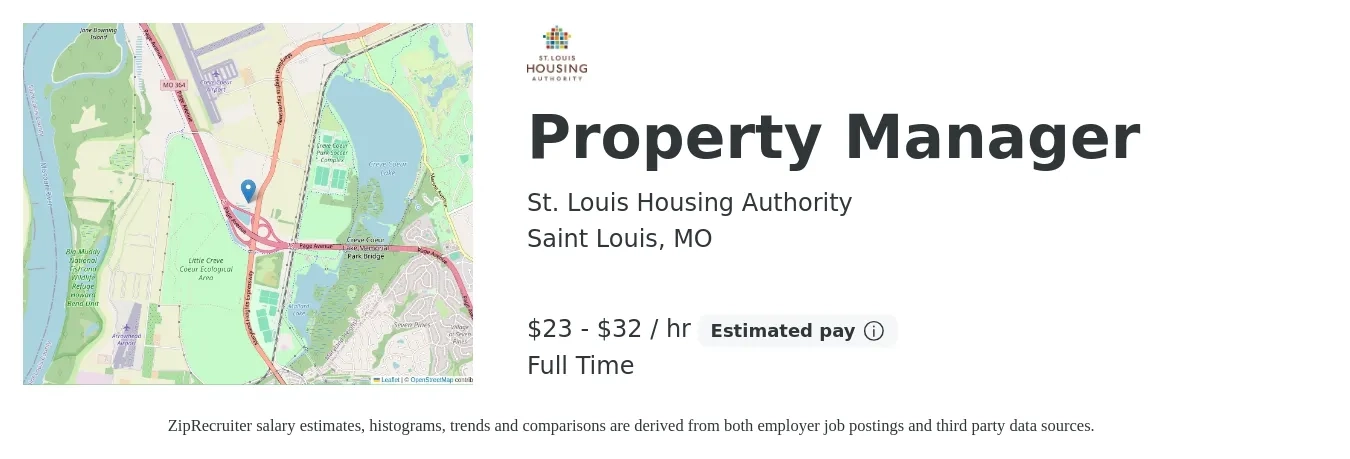 St. Louis Housing Authority job posting for a Property Manager in Saint Louis, MO with a salary of $50,000 to $70,000 Yearly with a map of Saint Louis location.