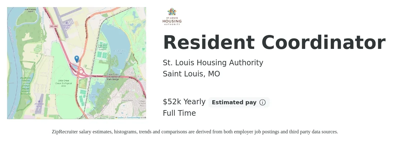 St. Louis Housing Authority job posting for a Resident Coordinator in Saint Louis, MO with a salary of $52,500 Yearly with a map of Saint Louis location.