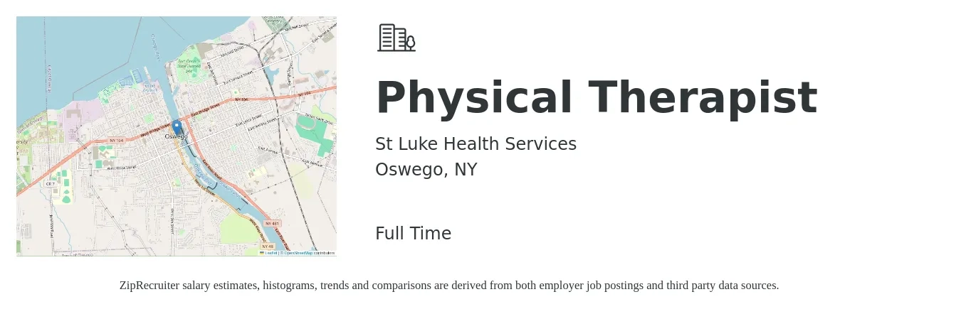 St Luke Health Services job posting for a Physical Therapist in Oswego, NY with a salary of $1,580 to $2,050 Weekly with a map of Oswego location.