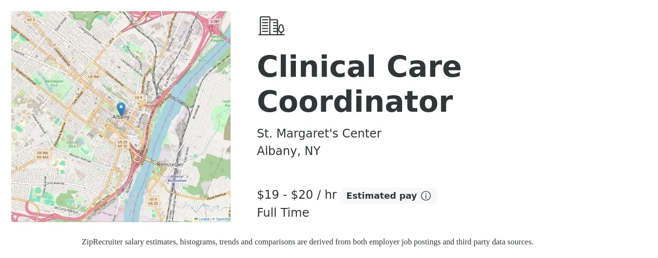 St. Margaret's Center job posting for a Clinical Care Coordinator in Albany, NY with a salary of $20 to $21 Hourly with a map of Albany location.