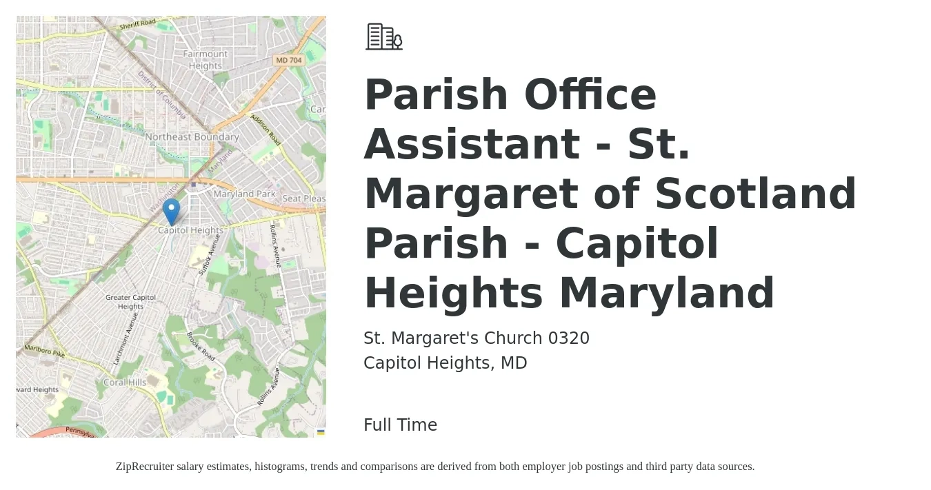 St. Margaret's Church 0320 job posting for a Parish Office Assistant - St. Margaret of Scotland Parish - Capitol Heights Maryland in Capitol Heights, MD with a salary of $17 to $22 Hourly with a map of Capitol Heights location.