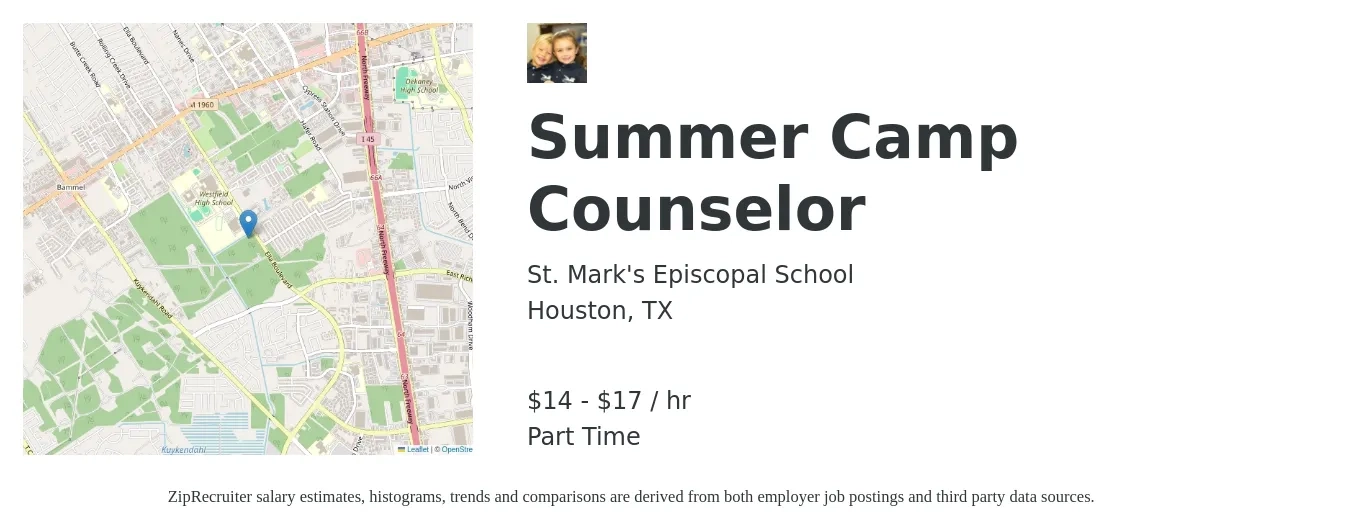 St. Mark's Episcopal School job posting for a Summer Camp Counselor in Houston, TX with a salary of $15 to $18 Hourly with a map of Houston location.