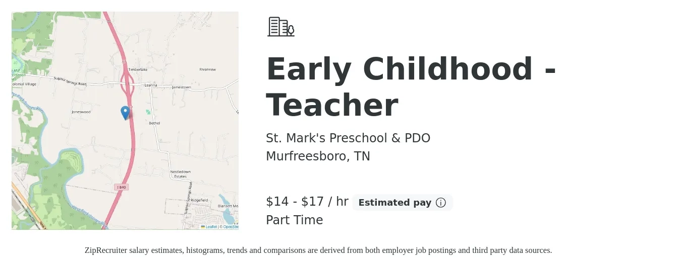 St. Mark's Preschool & PDO job posting for a Early Childhood - Teacher in Murfreesboro, TN with a salary of $15 to $18 Hourly with a map of Murfreesboro location.