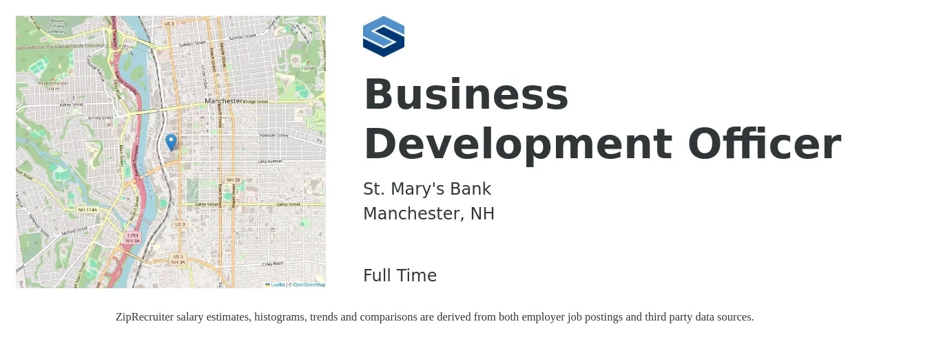St. Mary's Bank job posting for a Business Development Officer in Manchester, NH with a salary of $65,800 to $95,600 Yearly with a map of Manchester location.