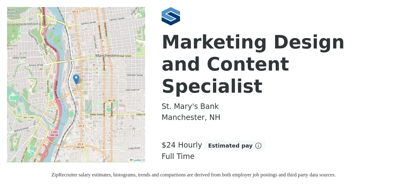 St. Mary's Bank job posting for a Marketing Design and Content Specialist in Manchester, NH with a salary of $26 Hourly with a map of Manchester location.
