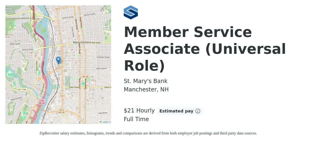 St. Mary's Bank job posting for a Member Service Associate (Universal Role) in Manchester, NH with a salary of $21 Hourly with a map of Manchester location.