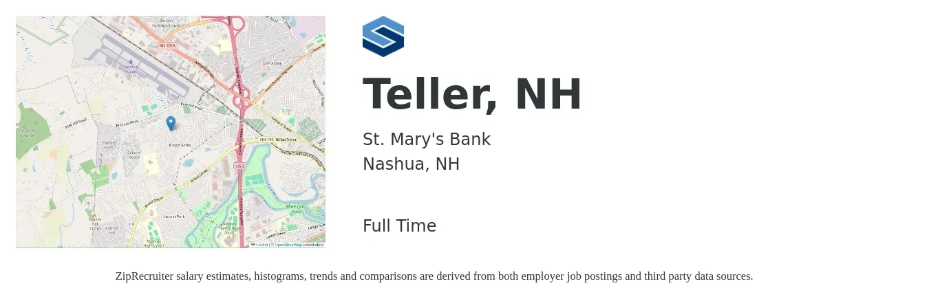 St. Mary's Bank job posting for a Teller, NH in Nashua, NH with a salary of $16 to $20 Hourly with a map of Nashua location.