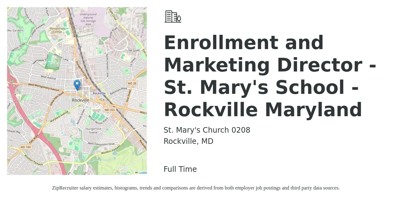 St. Mary's Church 0208 job posting for a Enrollment and Marketing Director - St. Mary's School - Rockville Maryland in Rockville, MD with a salary of $72,900 to $134,100 Yearly with a map of Rockville location.