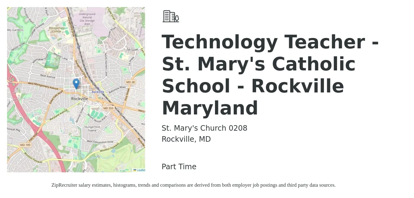 St. Mary's Church 0208 job posting for a Technology Teacher - St. Mary's Catholic School - Rockville Maryland in Rockville, MD with a salary of $41,800 to $61,200 Yearly with a map of Rockville location.