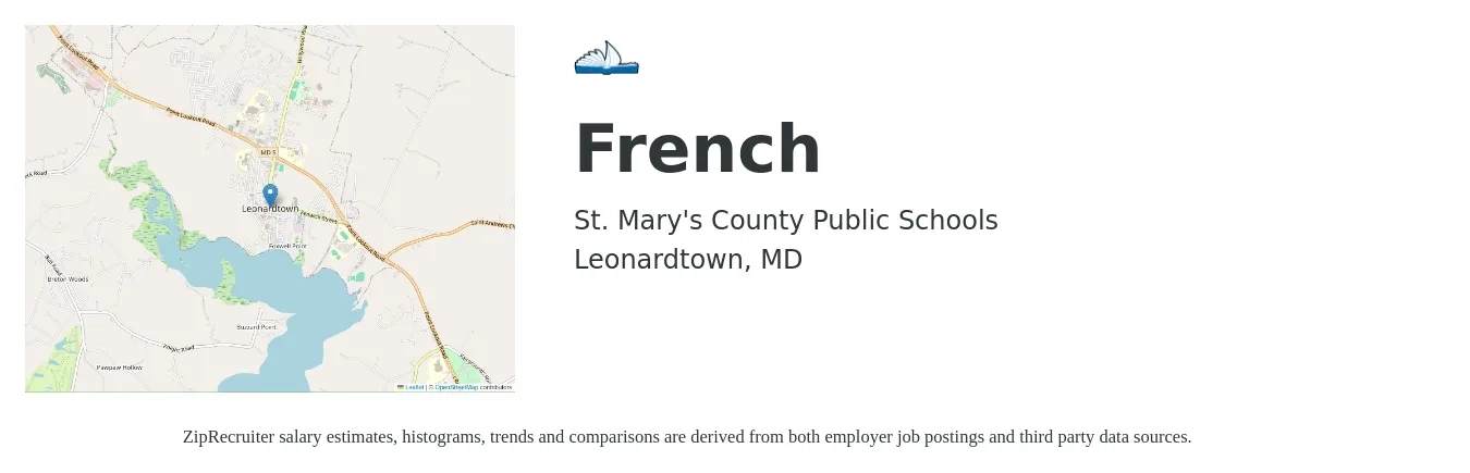St. Mary's County Public Schools job posting for a French in Leonardtown, MD with a salary of $40,200 to $54,600 Yearly with a map of Leonardtown location.
