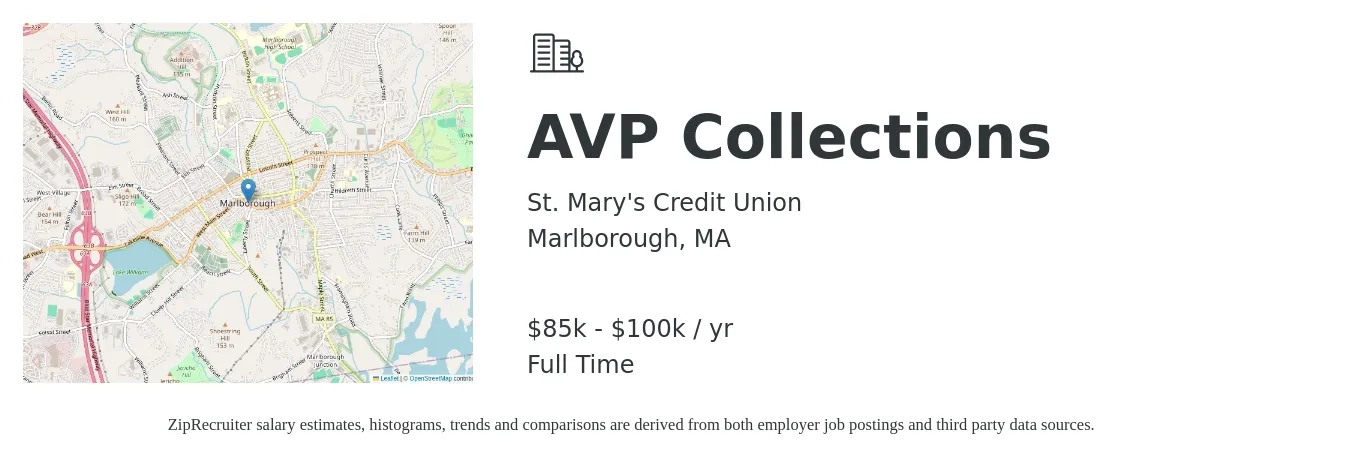 St. Mary's Credit Union job posting for a AVP Collections in Marlborough, MA with a salary of $85,000 to $100,000 Yearly with a map of Marlborough location.