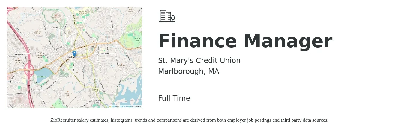 St. Mary's Credit Union job posting for a Finance Manager in Marlborough, MA with a salary of $98,000 to $174,300 Yearly with a map of Marlborough location.