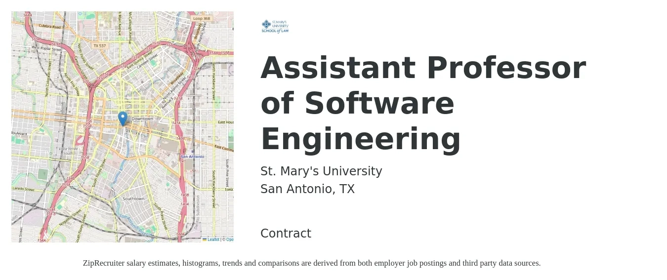 St. Mary's University job posting for a Assistant Professor of Software Engineering in San Antonio, TX with a salary of $51,500 to $78,500 Yearly with a map of San Antonio location.