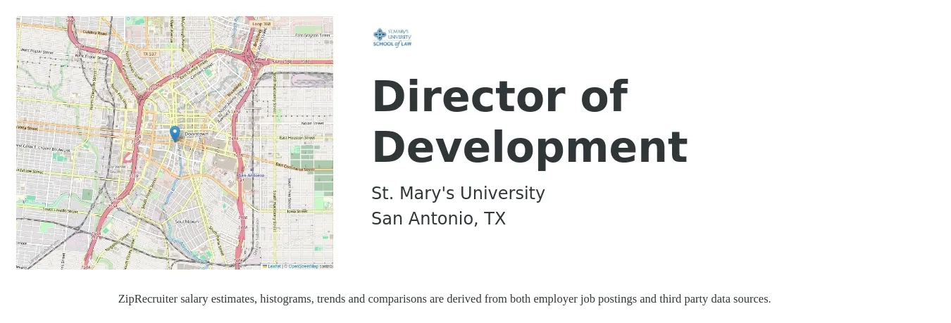 St. Mary's University job posting for a Director of Development in San Antonio, TX with a salary of $60,000 to $93,100 Yearly with a map of San Antonio location.