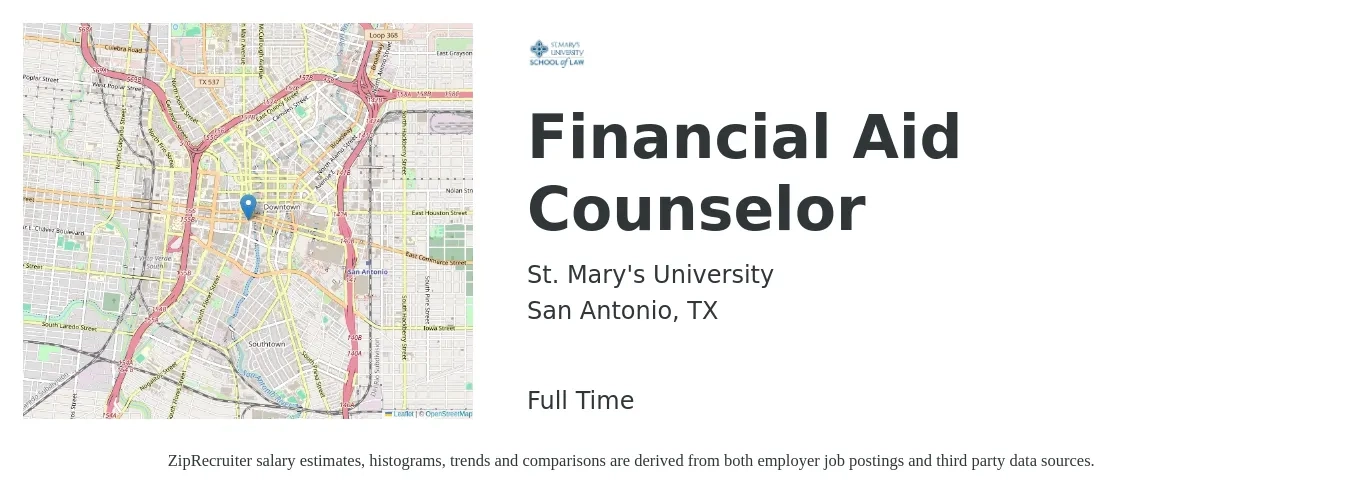 St. Mary's University job posting for a Financial Aid Counselor in San Antonio, TX with a salary of $33,400 to $44,200 Yearly with a map of San Antonio location.
