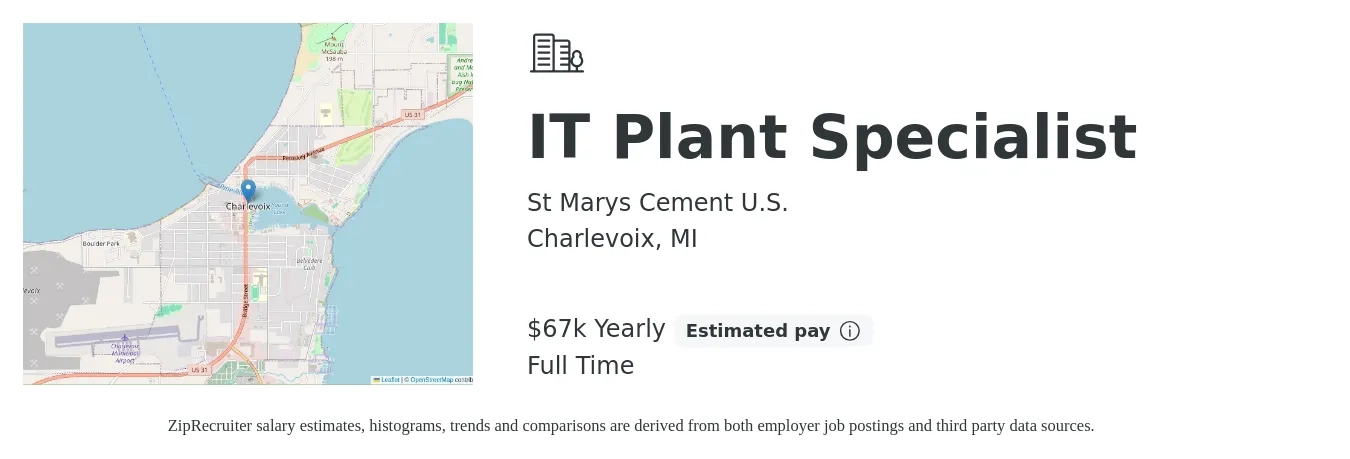 St Marys Cement U.S. job posting for a IT Plant Specialist in Charlevoix, MI with a salary of $67,019 Yearly with a map of Charlevoix location.